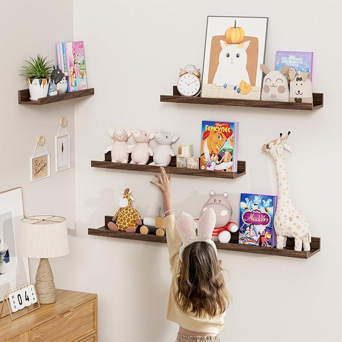 Heimlove Floating Shelves Set of 6, 16" Wall Mounted Picture Ledge, Display Shelf Organizer for Decor Storage, Wall Mounted Shelves for Living Room, Bedroom, Bathroom, Kitchen (Walnut) - ModernBath