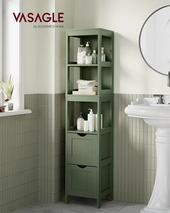 VASAGLE Storage Cabinet, Storage Organizer Rack Stand for Bathroom, Living Room, Bedroom, Multifunctional Corner Unit, 2 Drawers, 55.7 Inches in Height, Forest Green UBBC066C01 - ModernBath
