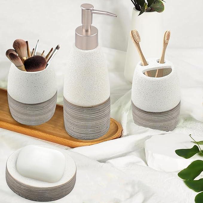 CERBIOR Bathroom Accessories Set,4 Pcs Ceramic Bathroom Decor Accessory,Includes Toothbrush Holder, Toothbrush Cup, Soap Dish for Decorative Countertop and Housewarming Gift, (Grey White) - ModernBath