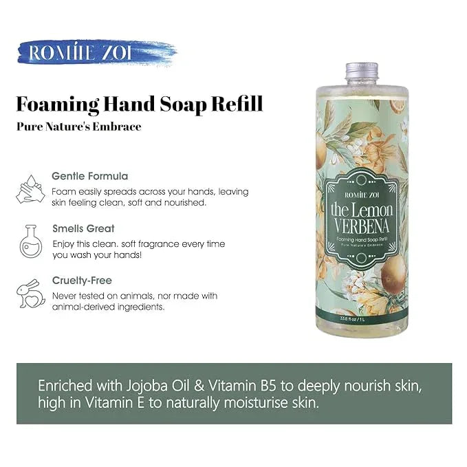 ROMIIE ZOI Foaming Hand Soap Refill, Lemon Verbena, Gentle & Moisturizing Formula, 1000 ML/ 33.8 FL OZ - ModernBath
