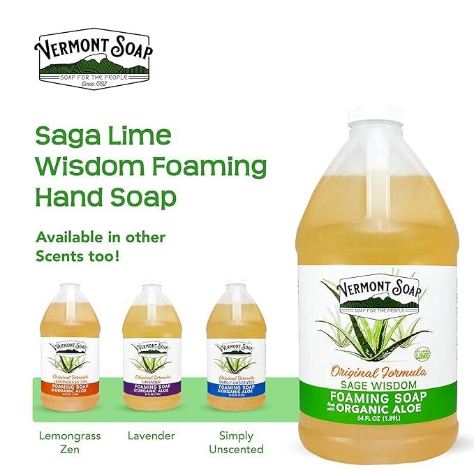 Vermont Soap Organic Sage Lime Wisdom Foaming Hand Soap - Natural Moisturizing Soap for Dry Skin - Fragrance Free Liquid Bathroom Hand Soap - Sage Lime Wisdom - 64 oz - ModernBath