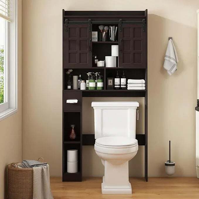 Over The Toilet Storage Cabinet, Farmhouse Storage Cabinet Over Toilet with Sliding Doors，Home Space-Saving Toilet Rack, for Bathroom, Restroom, Laundry. Espresso - ModernBath