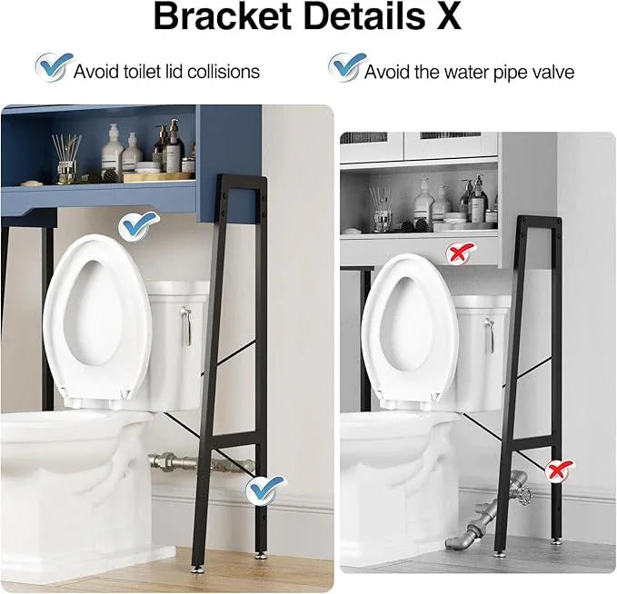 Over The Toilet Storage Cabinet with Tempered Glass Doors and Adjustable Shelf, Bathroom Organizer with Metal Stand Space Saver Over Toilet , Modern Toilet Rack for Bathroom, Restroom, Laundry, Blue - ModernBath