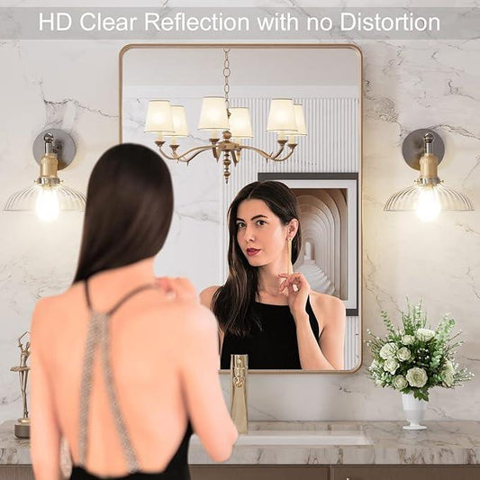 LOAAO 22”X30” Gold Bathroom Mirror, Rounded Rectangle Gold Frame Mirror, Brushed Gold Bathroom Vanity Mirror Wall-Mounted, Anti-Rust, Hangs Horizontally or Vertically - ModernBath