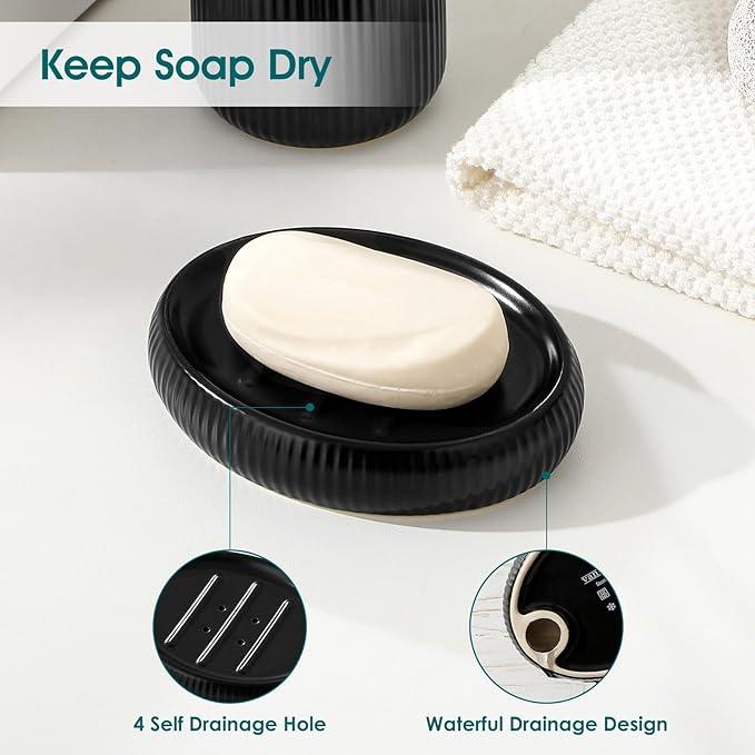 vancasso Ceramic Bathroom Accessories Set 4 Piece, Soap Dispenser with Stainless Steel Pump, Toothbrush Holder, Tumbler and Soap Dish, Modern Relief Design, Bathroom Decor Organizer, Black - ModernBath