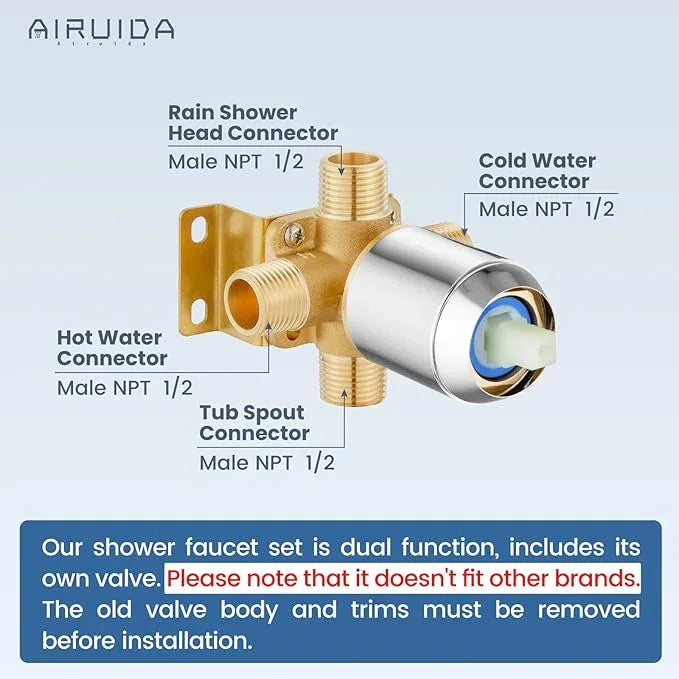Airuida Shower Faucet Set and Handle Set Single Function Shower Trim Kit Ceiling Mount Rainfall Shower System with Male Threads and Rough-in Valve 12 Inch Square Shower Head Chrome Polish - ModernBath
