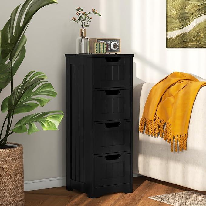 LOKO Floor Storage Cabinet with 4 Drawers, Bathroom Cabinet with Anti-toppling Device, Multifunctional Floor Cabinet for Bathroom, Living Room, Kitchen, 12 x 12 x 32 inches (Black) - ModernBath