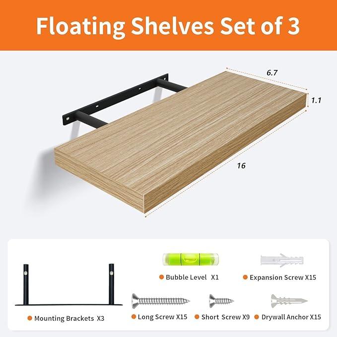 Floating Shelves for Wall Set of 3, 16" Light Brown Wood Wall Shelves for Home Decor, Frame Display Floating Shelf for Living Room, Bedroom, Bathroom, Kitchen - ModernBath