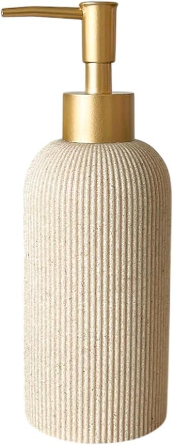 Lunestella Sand Beige Hand Soap Dispenser for Bathroom and Kitchen with Matte Gold Pump, Lotion, Dish Soap, Multiuse, Luxury Farmhouse Style, Sandstone Finish, Rust Proof, 7oz (Matte Gold) - ModernBath