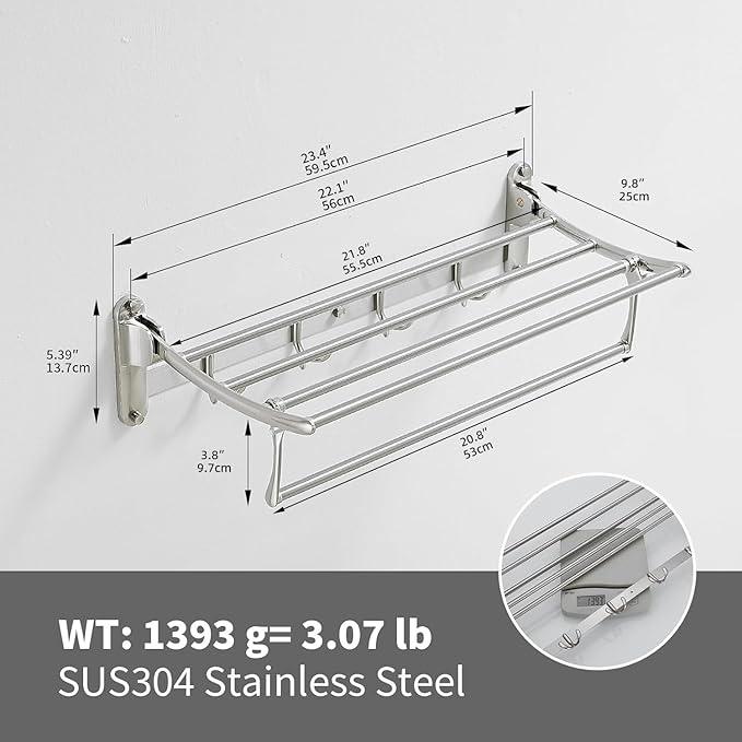 BESy 24 Inch Brushed Nickel Towel Racks, Bathroom Towel Shelf with Foldable Towel Bar Holder and Towel Hooks, Wall Mounted Multifunctional Bathroom Accessories, Double Towel Bars - ModernBath