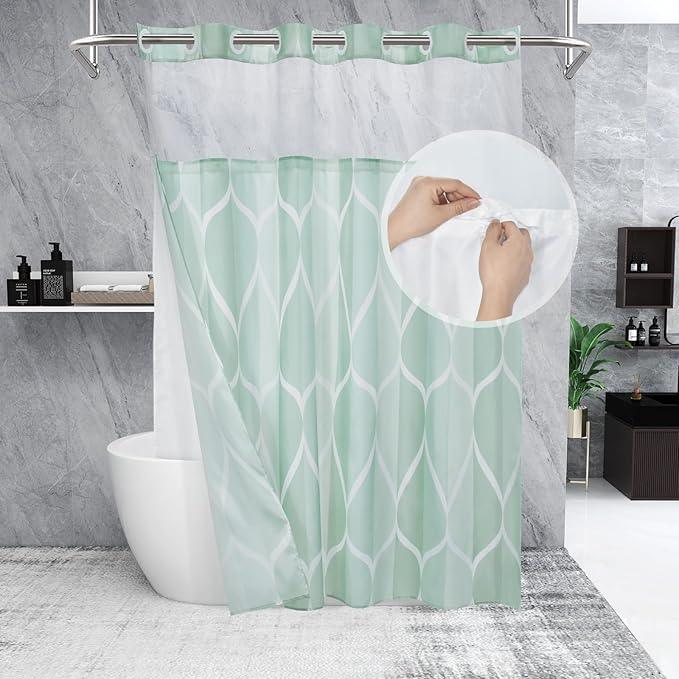 Yiatn Light Green No Hook Hotel Collection Shower Curtain - Hotel Style with See Through Mesh Top Window, Modern Geometric Waterdrop Design,Waterproof and Washable,- 71x74 INCH - ModernBath