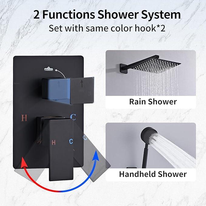 RTTWYYUU Matte Black Rainfall Shower Head, Wall Mounted 8 Inch Shower Heads with Handheld Spray Combo, Luxury Bathroom Square Rain Shower System, Solid Brass Pressure Balancd Shower Faucet Valve - ModernBath