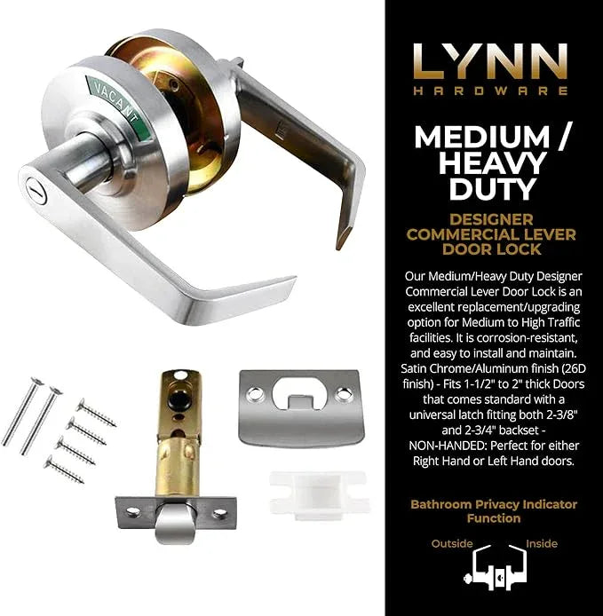 LYNN HARDWARE Medium/Heavy Duty Designer Commercial Lever Door Lock - Bathroom Privacy w/Door Indicator, Restroom Door Knob, Commercial Door Handle, Bathroom Lock, Occupied Door Handle, Satin Chrome - ModernBath