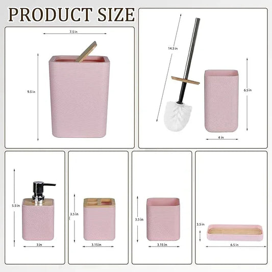 CERBIOR Bathroom Accessories Set 6 Piece Bamboo Bath Ensemble Includes Soap Dispenser, Toothbrush Holder, Toothbrush Cup, Soap Dish for Decorative Countertop and Housewarming Gift (Pink) - ModernBath