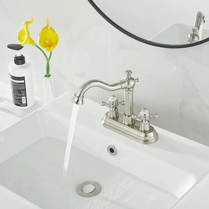 GGStudy Bathroom Faucet Brushed Nickel 2 Handles 4 Inches Centerset RV Vanity With Drain Assembly and Supply Hose - ModernBath