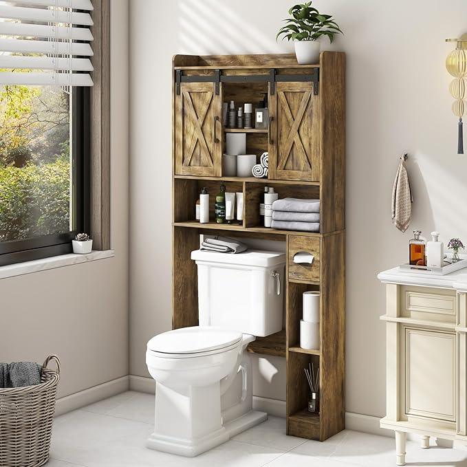 Vabches Over The Toilet Storage Cabinet, Farmhouse Storage Cabinet Over Toilet with Sliding Doors & Toilet Paper Holder Stand，Home Space-Saving Toilet Rack, for Bathroom, Restroom, Laundry - ModernBath