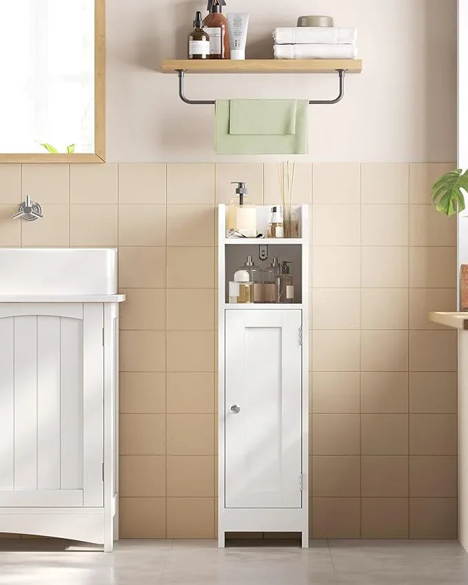VASAGLE Small Storage Corner Floor Cabinet with Door, 7.9 x 7.1 x 31.5 Inches, Narrow Toilet Paper Storage Holder, Adjustable Shelves, for Bathroom, Living Room, Small Spaces, Cloud White UBBC310W01 - ModernBath