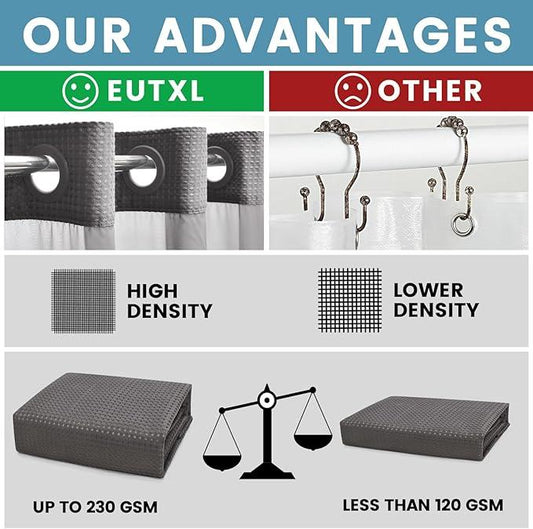 EUTXL Charcoal Grey Long No Hook Shower Curtain with Snap in Liner,230GSM Waffle Weave Shower Curtains for Bathroom,71W x 86H - ModernBath