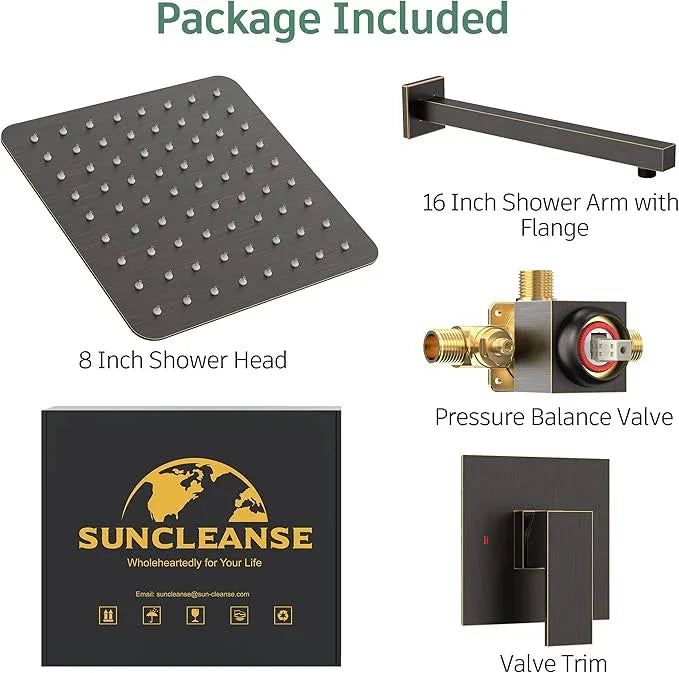 SunCleanse Shower Faucet Set with Valve, 8 Inch Square Shower Head and Handle Set, Single Handle Shower Trim Kit with Extra Long Shower Arm, Oil Rubbed Bronze - ModernBath
