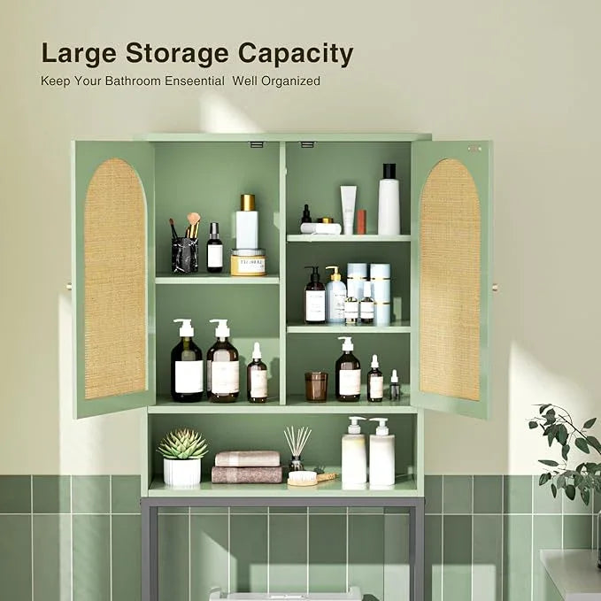 Rattan Toilet Storage Cabinet, Over The Rack Wood Cabinet with Metal Stand, Bathroom Organizer with Adjustable Shelf, Space Saving Cupboard for Small Bathrooms, Washer Shelf, Green - ModernBath