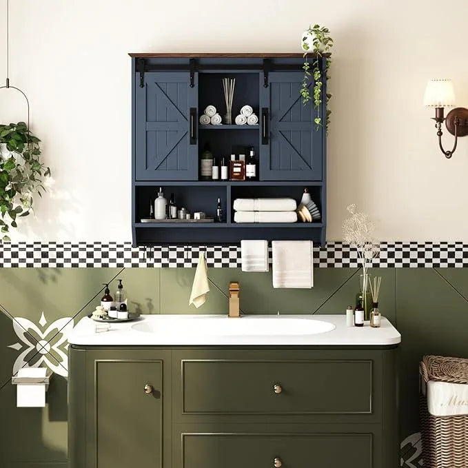 RUSTOWN Farmhouse Bathroom Wall Cabinet,3-Tier Rustic Wood Wall Mounted Cabinets,Vintage Medicine Cabinet with Sliding Barn Door and Adjustable Shelves,Over The Toilet Storage Cabinet (Navy Blue) - ModernBath