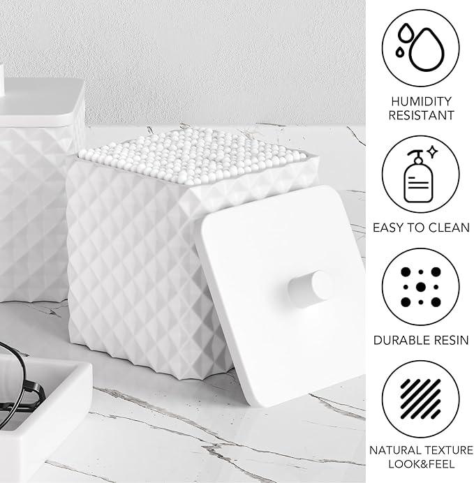 Bathroom Accessories Set Resin 6PCS, Square Toothbrush Holders Set Complete with Soap Dispenser, Vanity Tray, Tumbler, Cups and Cotton Swab Jars (White Diamond, Resin Bath 6 PCS) - ModernBath