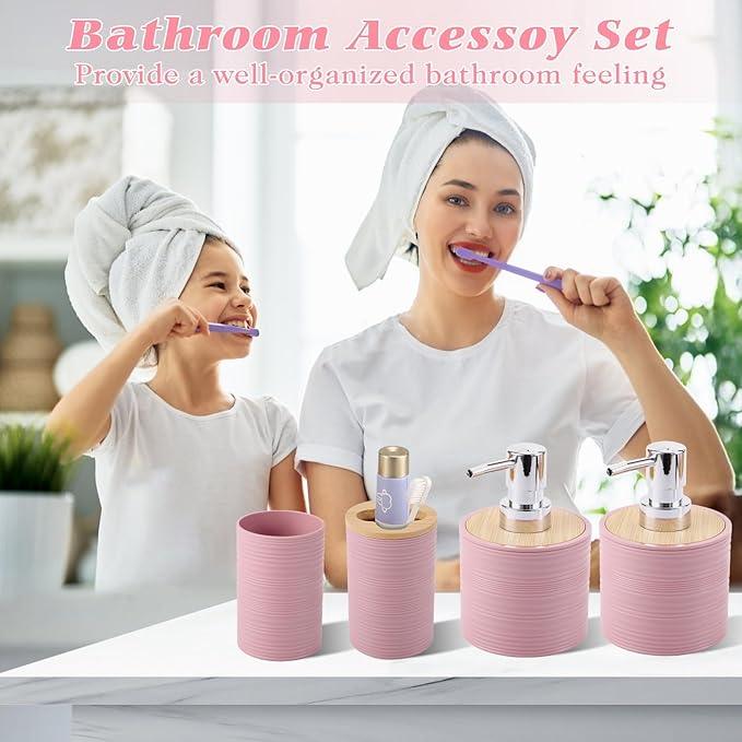 XLHOMO Pink Bathroom Set, Pink Bathroom Accessories Set with Trash Can, 2PCS Soap Dispensers, Soap Dish, Toothbrush Holder, Toothbrush Cup,Toilet Brush, Tray and Qtip Holders for Bathroom Decor - ModernBath