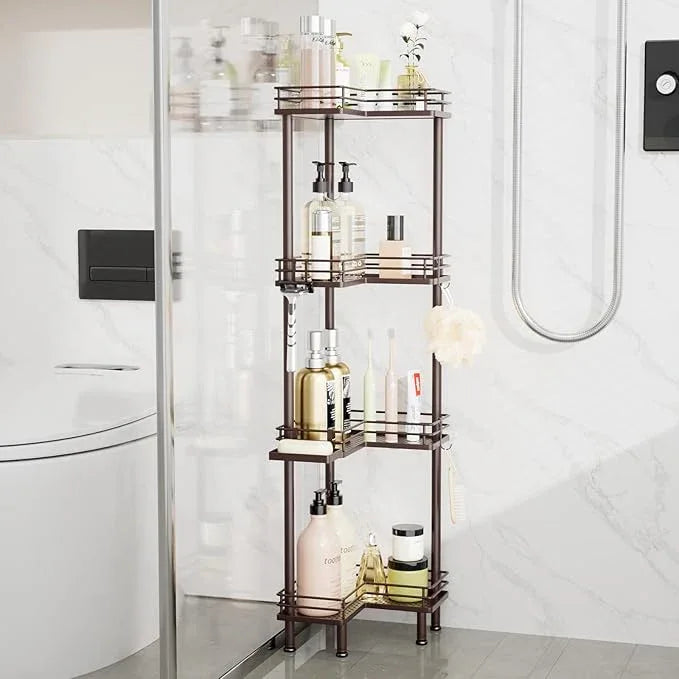 Consumest Corner Shower Caddy Standing - 4-Tier Stainless Steel Shower Organizer with Soap Holder and 4 Hooks, Large Capacity Corner Shelf Stand for Bathroom, Rest Room, Bronze - ModernBath