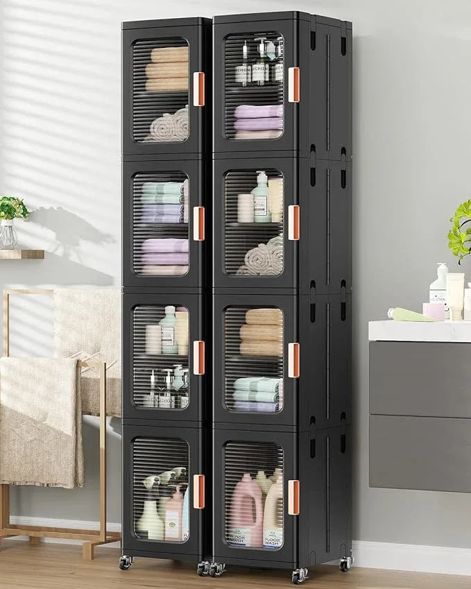 BROVIEW 8-Tier Tall Narrow Storage Cabinet Organizer, Slim Bathroom Cabinets with Adjustable Shelves and Doors, Plastic Kitchen Pantry Organizers and Storages for Small Space, Laundry, Black - ModernBath