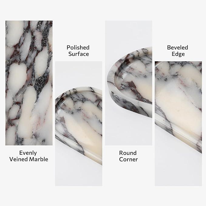 Faticdorr Marble Tray, 2 Pcs, Marble Vanity Tray, Bathroom, Decor for Trinket Perfume Jewelry Candle, White Marble Purple Veins, 12 Inch Oral - ModernBath
