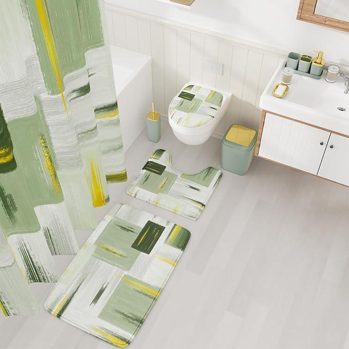 XLHOMO Bathroom Accessories Set - 25PC Bathroom Set with Shower Curtain and Rugs, Sage Green Bathroom Set, Bathroom Accessory Set with Press-on Lid Trash Can, Soap Dispenser and Qtip Holders - ModernBath