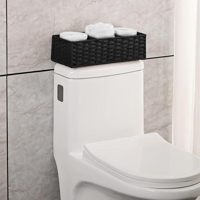 Vagusicc 3 Section Wicker Storage Basket, Hand-Woven Paper Rope Wicker Baskets for Organizing, Toilet Tank Basket, Black Baskets for Bathroom, 2-Pack, Black - ModernBath