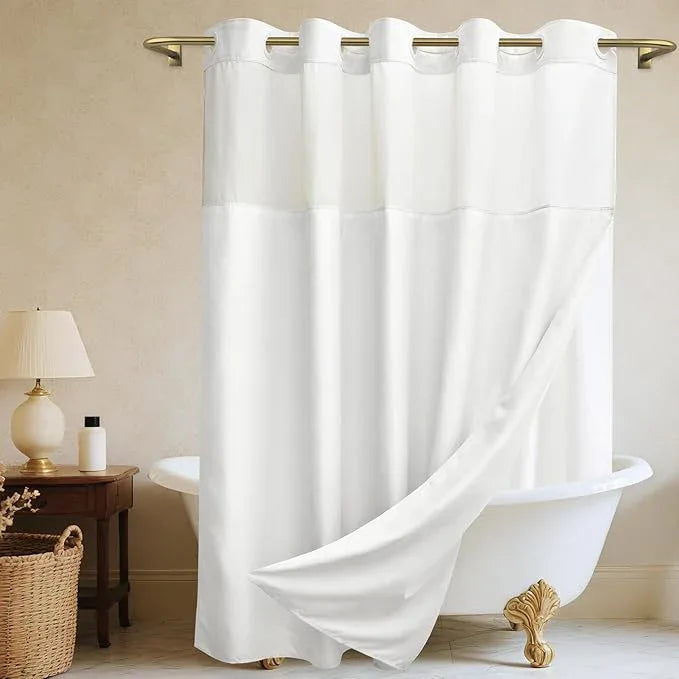 WONICY No Hook White Shower Curtain, Polyester Textured Shower Curtain with Snap in Liner Set, Waterproof & Washable Bath Curtains for Bathroom, 71Wx74H - ModernBath