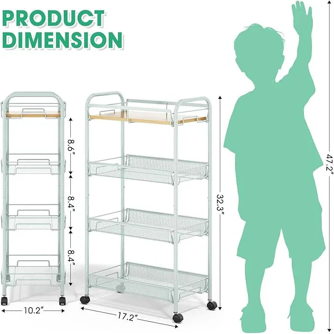 TOOLF 4-Tier Rolling Cart, Metal Utility Cart, Slide Out Storage Cart with Wooden Tabletop and Mesh Baskets for Narrow Space on Kitchen Bathroom Laundry Room Bedroom Apartments Dormitory (Green, Wide) - ModernBath