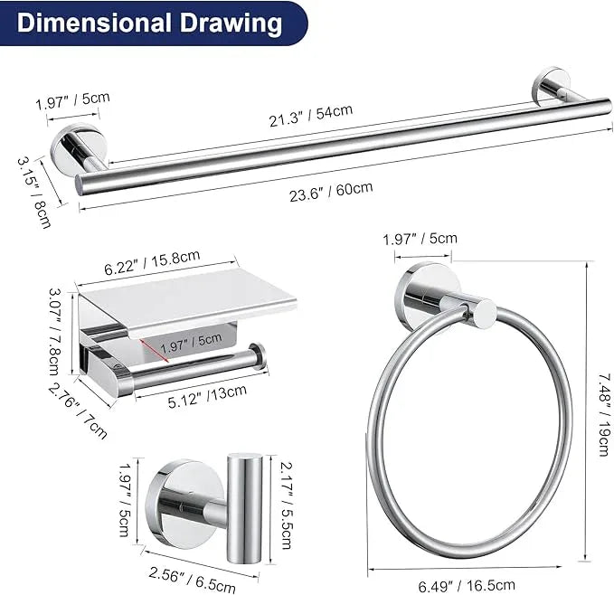 5-Piece Towel Bar Set Polish Chrome Bathroom Hardware Accessories Set Upgraded Toilet Paper Holder with Shelf Towel Holder Set for Bathroom Stainless Steel Wall Mounted - ModernBath