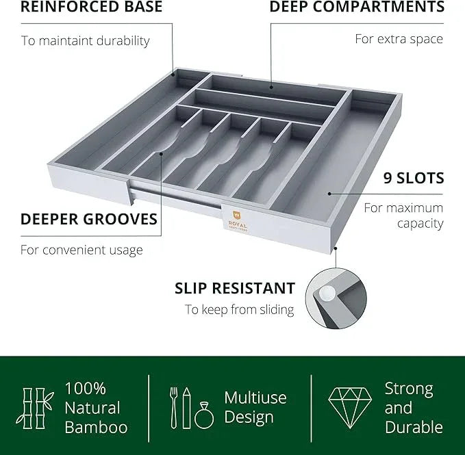 ROYAL CRAFT WOOD Luxury Bamboo Kitchen Drawer Organizer - Silverware Organizer - Utensil Holder and Cutlery Tray with Grooved Drawer Dividers for Flatware and Kitchen Utensils (9 Slot, Gray) - ModernBath