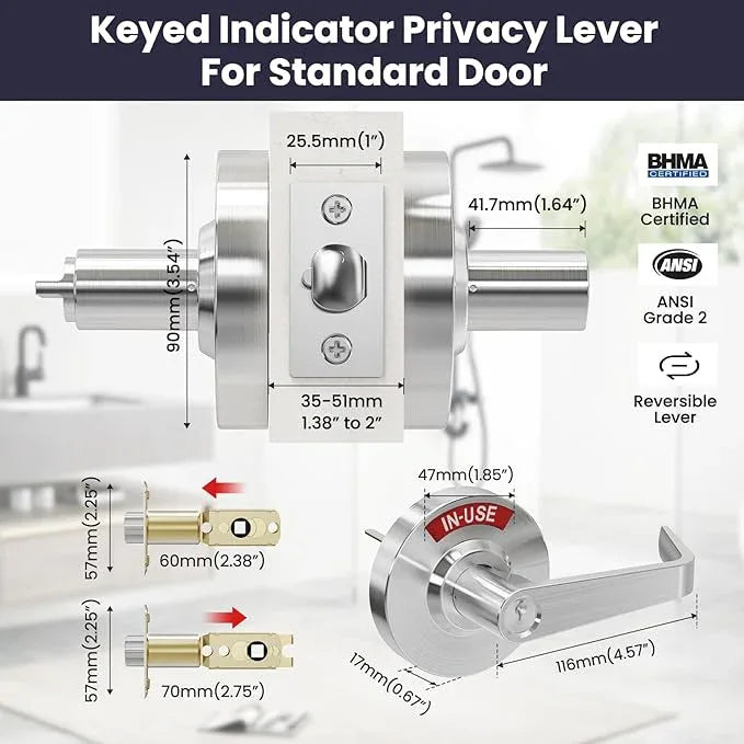Keyed Entry Vacant Occupied Bathroom Lock, Commercial Door Handle, Occupied Door Handle with Indicator, for Restroom, Store, Hospital and Office, Privacy Door knob/Lever（Key Silver） - ModernBath