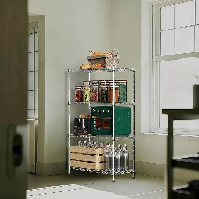 1000 lbs 4Tier Shelf Metal Storage Shelves Wire Rack Closet Organizers with Wheel for Garage Kitchen Bathroom Laundry Chrome 13.7" D x 29.5" W x 47.2" H - ModernBath