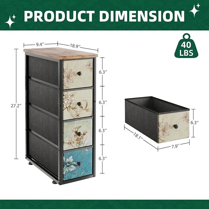 Narrow Dresser, Narrow Nightstand Dresser Storage Tower with 4 Drawers, Slim Fabric Dressers Chest of Drawers for Small Spaces, Retro Flower Dressers, for Bedroom Bathroom Laundry Closet, Vintage - ModernBath