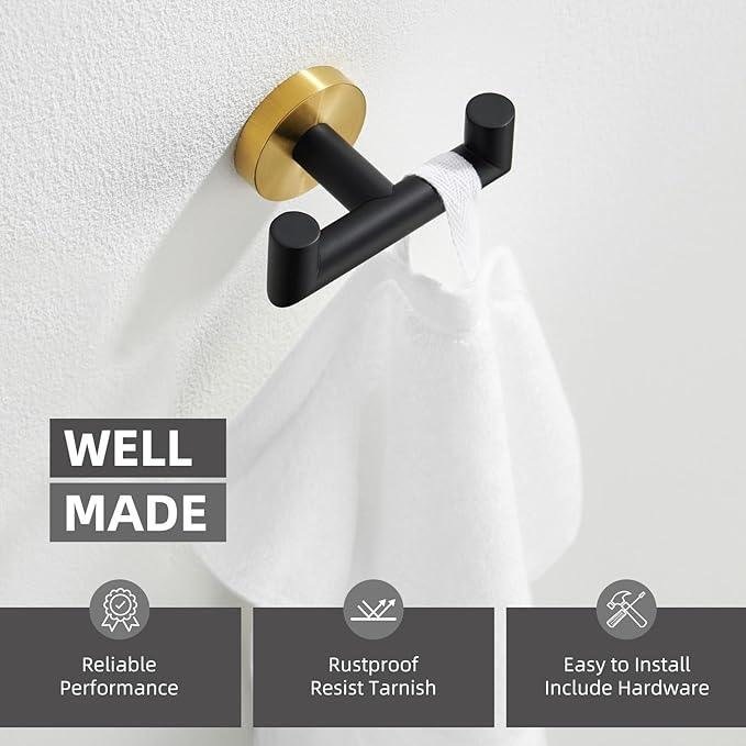 Angle Simple Double Towel Hook, Stainless Steel Hand Towel Holder for Bathroom, Coat Hook for Wall, Black and Gold - ModernBath