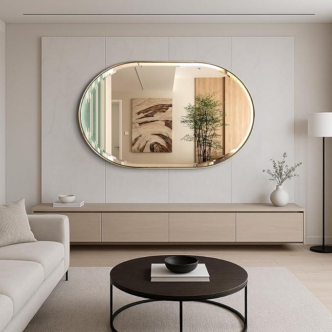 POZINO Gold Oval Mirror, Brass Beveled Mirror with Stainless Steel Frame, 28"x48" Large Rounded Rectangle Mirrors for Over Sink, Modern Oblong Vanity Wall Mirrors for Bathroom Bedroom Living Room - ModernBath