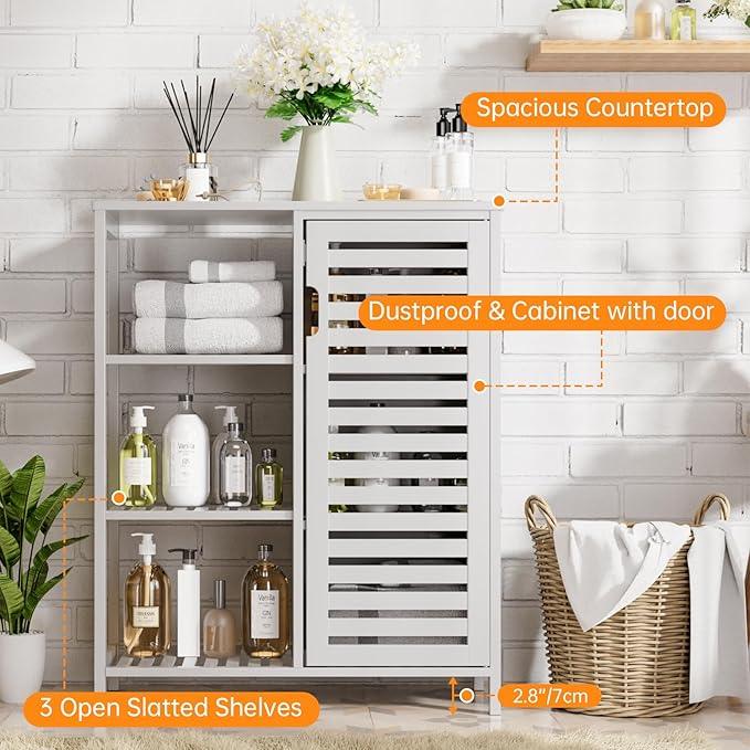 HITNET Bathroom Cabinet Freestanding, Bamboo Floor Cabinet, Side Storage Organizer with Door and 3 Shelves, Living Room Kitchen Cupboard, White - ModernBath