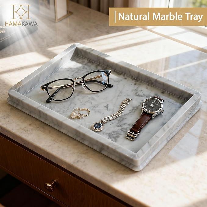 HAMAKAWA Large Natural Marble Bathroom Vanity Tray 12 inch, Carrara White Stone Jewelry Tray, Rectangle Sink Trays, Modern Tank Trays, Countertop Organizer for Soap Dispenser, Kitchen, Home Decor - ModernBath