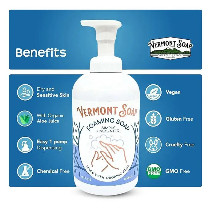 VERMONT SOAP Organic Unscented Foaming Hand Soap - Natural Moisturizing Soap for Dry Skin - Fragrance Free Liquid Bathroom Hand Soap Dispenser - Simply Unscented - 12 oz - ModernBath
