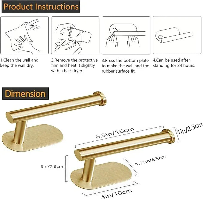Toilet Paper Holder - Self Adhesive Toilet Paper Holder Wall Mount for Bathroom, SUS 304 Stainless Steel Command Strip Toilet Paper Roll Holder Stick On Wall, No Drilling - Brushed Gold（2 Pcs） - ModernBath