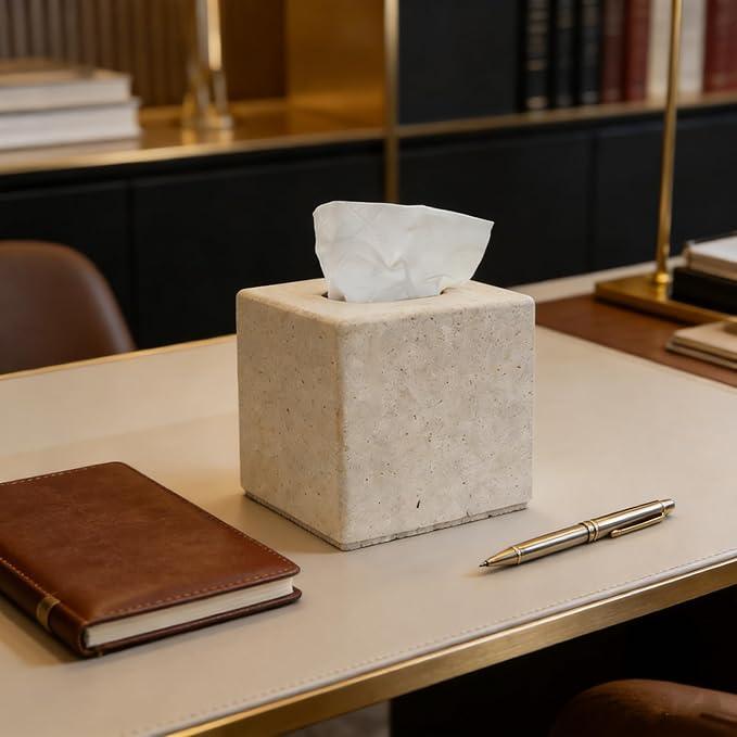 Travertine Tissue Box Cover, Heavy Duty Nature Stone Tissue Box Holder, Decorative Luxurious Travertine Square Toilet Tissue Box for Bathroom, Bedroom, Living Room, Office - ModernBath