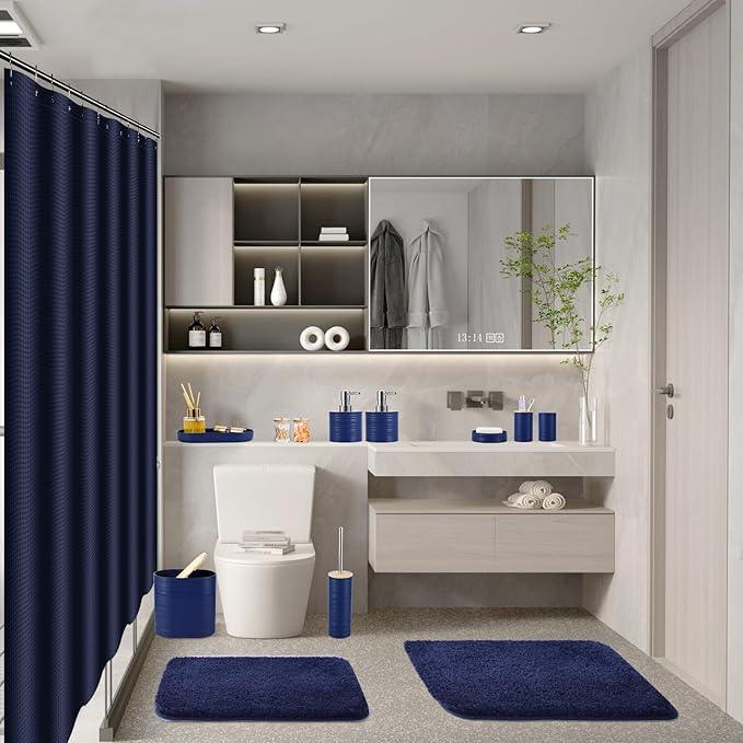 XLHOMO Bathroom Set - Navy Blue Bathroom Accessories Set, Bathroom Sets with Shower Curtain and Rugs, 25PC Shower Curtain Set with Hooks, Soap Dispenser, Soap Dish, Toilet Brush Holder and Trash Can - ModernBath