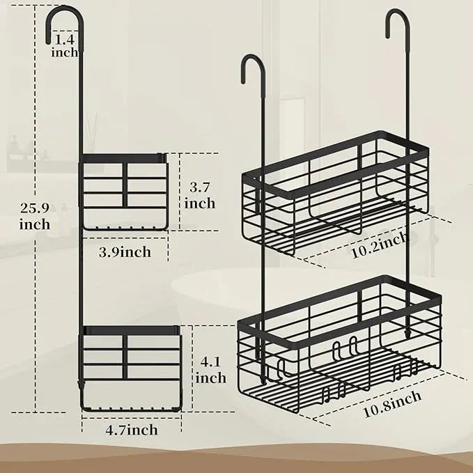 DELLAN 2-Tier Shower Hanging Caddy, Shower Rack with Hooks Over the Door, Stainless Steel Hanging Orangizer and Basket (Black) - ModernBath