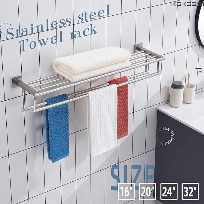 KOKOSIRI Towel Shelf with Double Towel Bars 32 Inches Bathroom Towel Rack Bath Towel Holder Wall Mounted Stainless Steel, Brushed Nickel, B6005BR-L32 - ModernBath