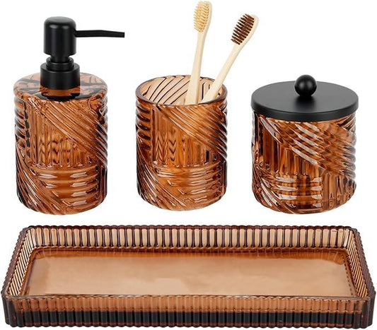 Bathroom Accessories Set,4 Pcs Amber Glass Bathroom Accessories Sets Complete with Lotion Soap Dispenser,Toothbrush Holder,Qtip Holder Dispenser and Vanity Tray,Bathroom Countertop Vanity Organizer - ModernBath